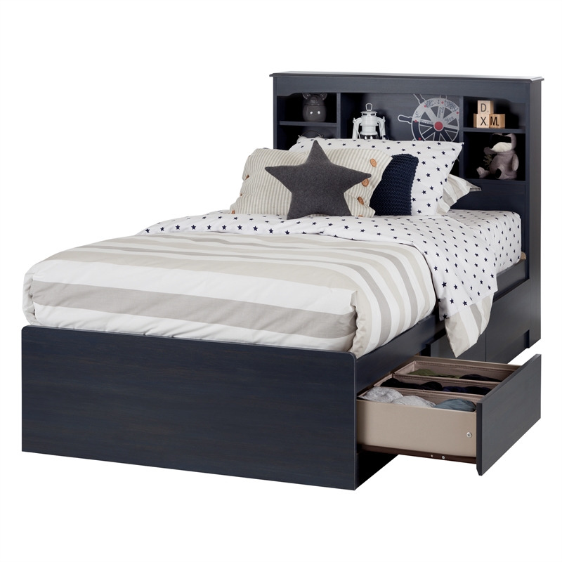 South Shore Aviron Mates Bed and Bookcase Headboard Set Twin Blueberry