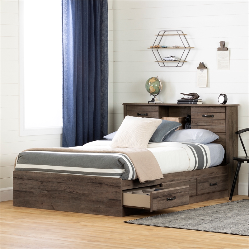 South Shore Ulysses Storage Bed and Bookcase Headboard Set Full Fall Oak