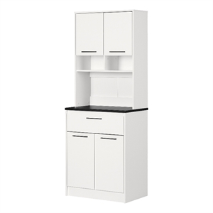 South Shore Myro Pantry Cabinet with Microwave Hutch  Faux Black Stone and White