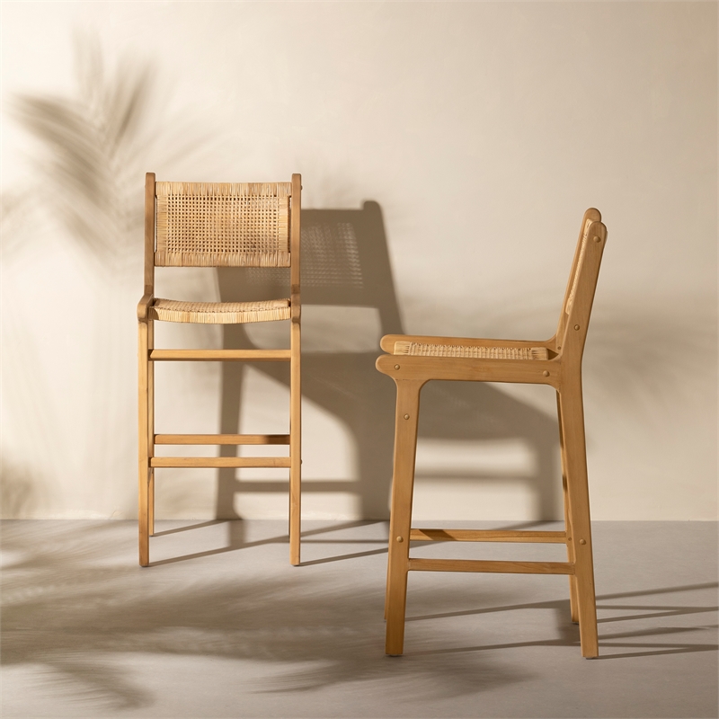 South Shore Agave Rattan and Teak Wood Bar Stool Set