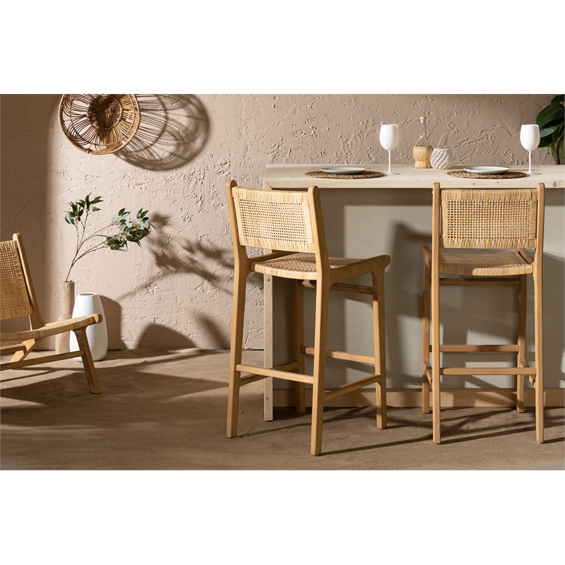 South Shore Agave Rattan and Teak Wood Bar Stool Set