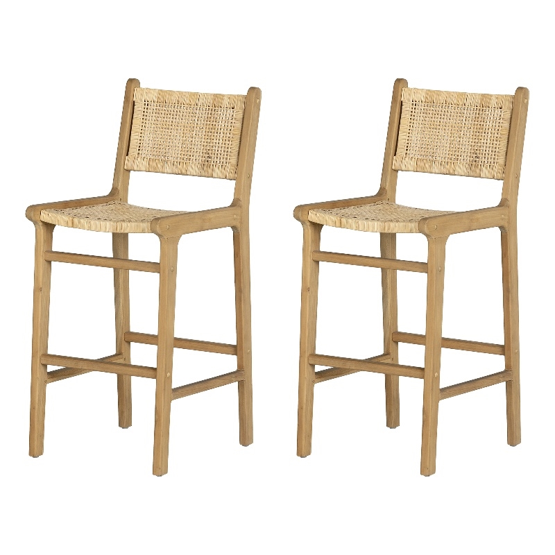South Shore Agave Rattan and Teak Wood Bar Stool Set