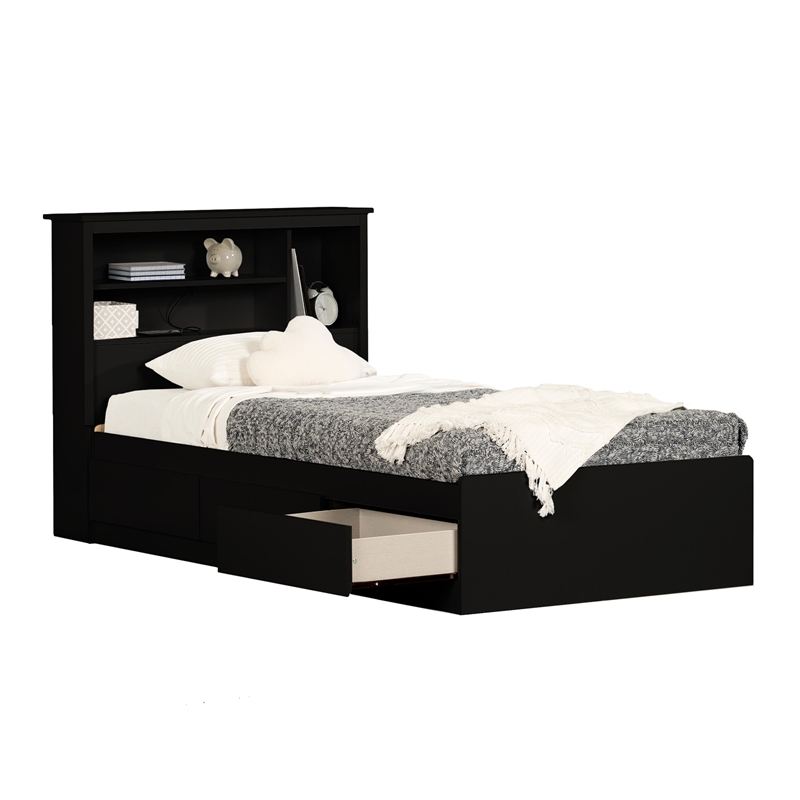 South Shore Gramercy Storage Bed and Bookcase Headboard Set Twin Pure Black