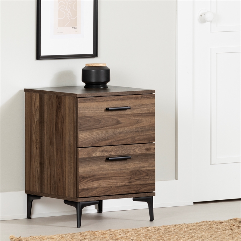 South Shore Slendel 2-Drawer Side Table with Metal Legs  Natural Walnut