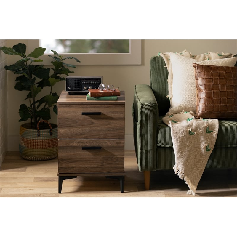 South Shore Slendel 2-Drawer Side Table with Metal Legs  Natural Walnut