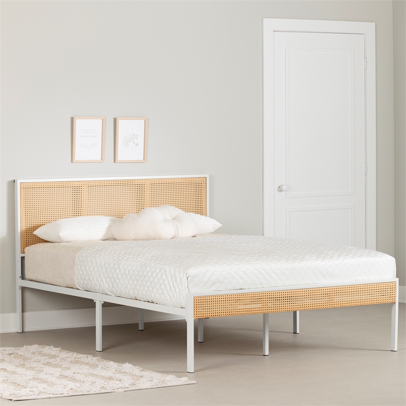 South Shore Bloom Metal Platform Bed with Natural Cane Full White and Natural