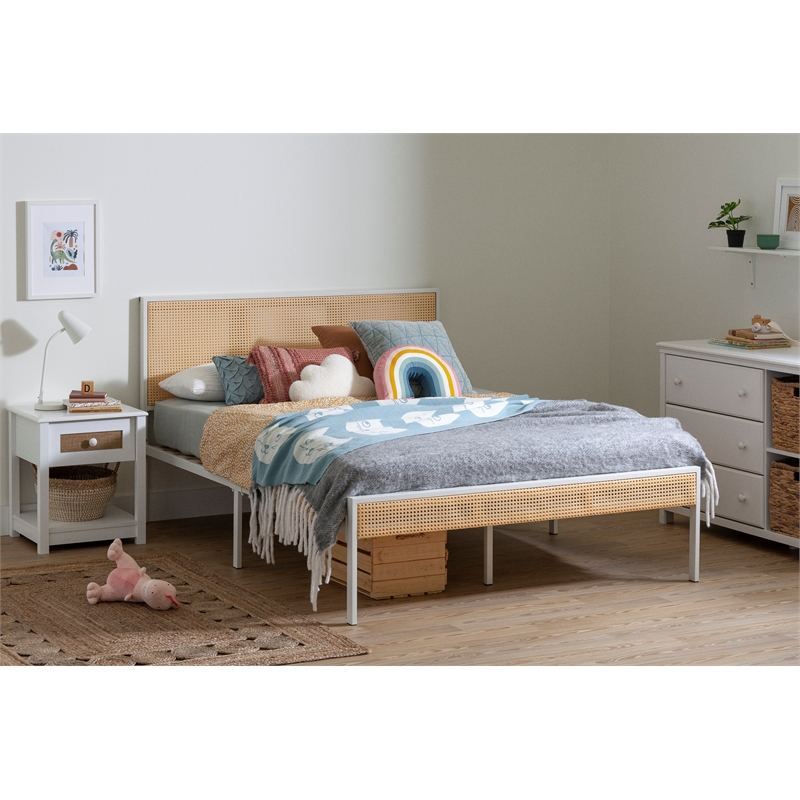 South Shore Bloom Metal Platform Bed with Natural Cane Full White and Natural