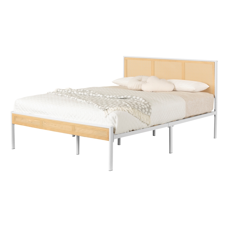 South Shore Bloom Metal Platform Bed with Natural Cane Full White and Natural