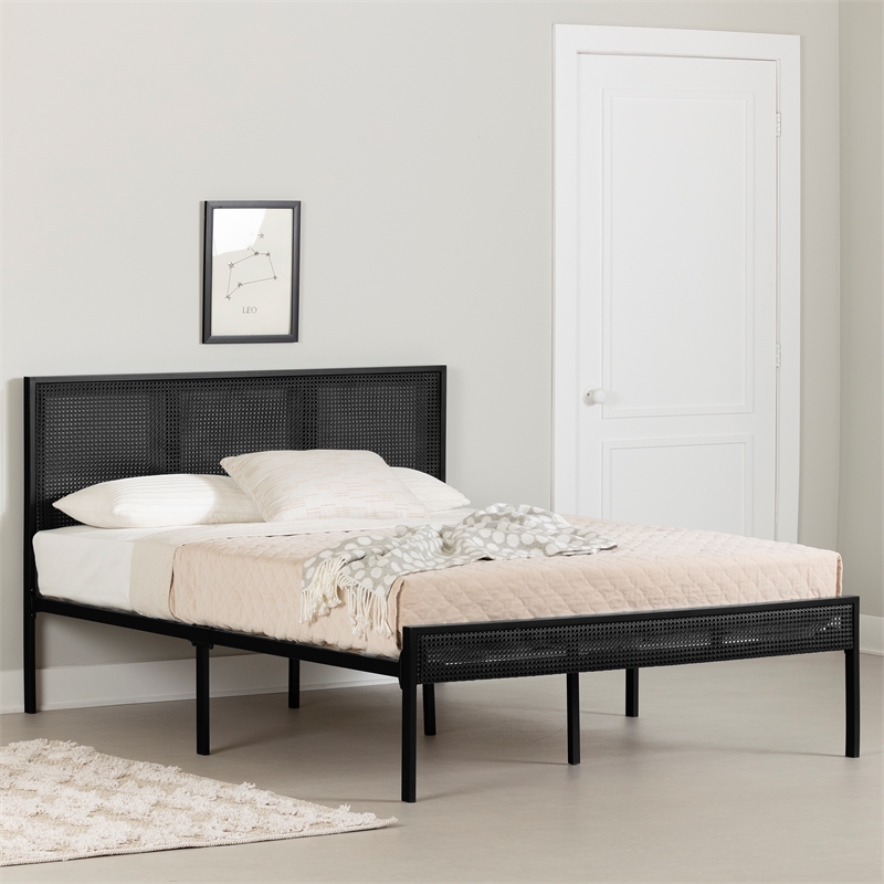 South Shore Bloom Metal Platform Bed with Natural Cane Full Black