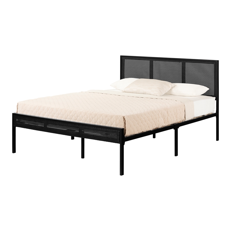 South Shore Bloom Metal Platform Bed with Natural Cane Full Black