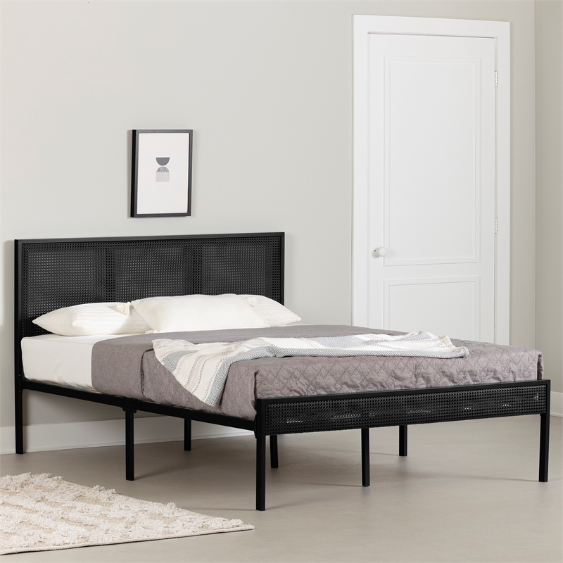 South Shore Hoya Metal Platform Bed with Natural Cane Full Pure Black