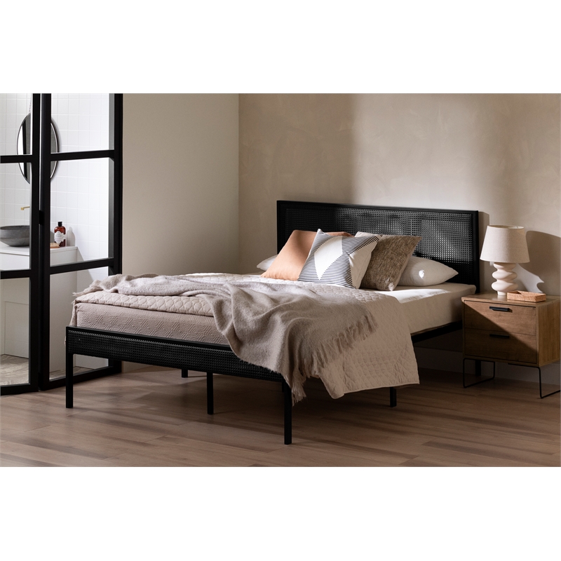 South Shore Hoya Metal Platform Bed with Natural Cane Full Pure Black