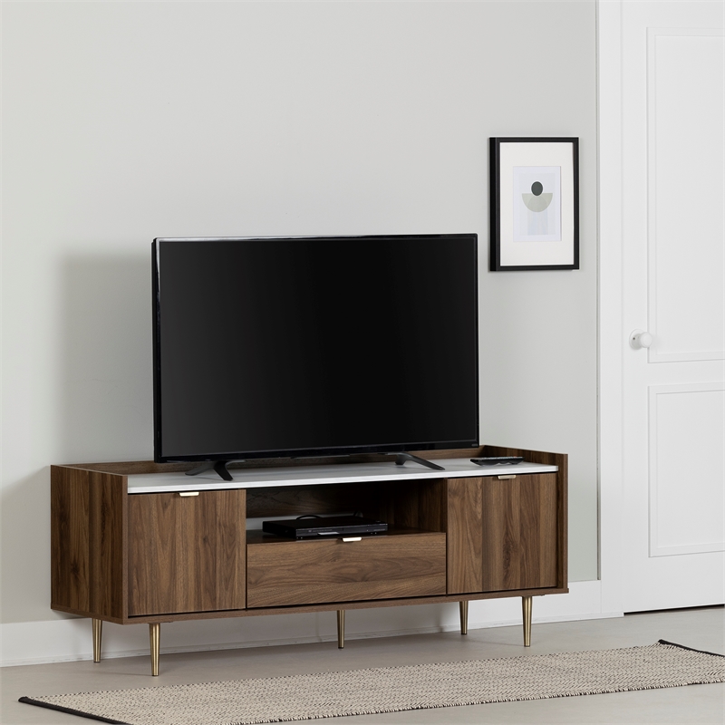 South Shore Hype TV Stand with Doors and Drawer Natural Walnut and Faux Marble