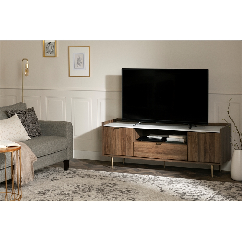 South Shore Hype TV Stand with Doors and Drawer Natural Walnut and Faux Marble