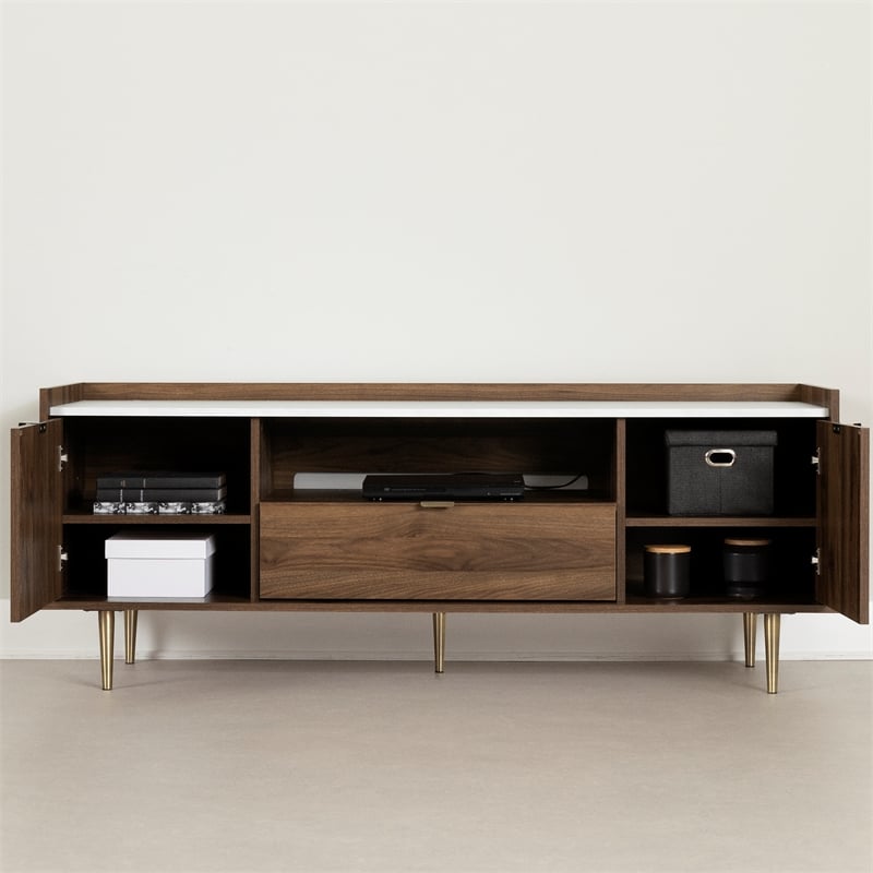 South Shore Hype TV Stand with Doors and Drawer Natural Walnut and Faux Marble