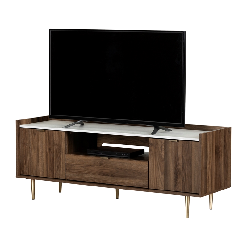 South Shore Hype TV Stand with Doors and Drawer Natural Walnut and Faux Marble