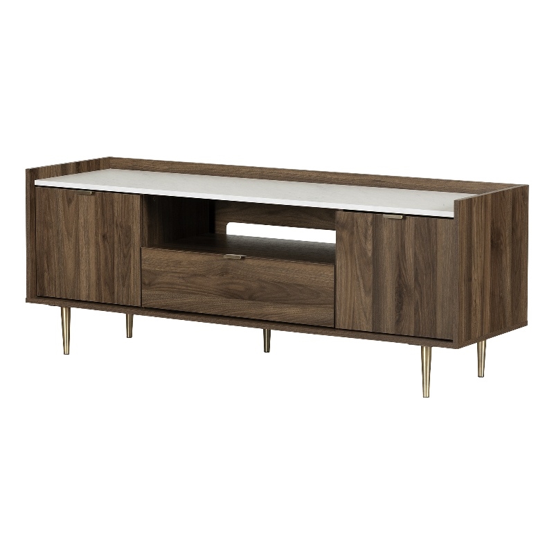 South Shore Hype TV Stand with Doors and Drawer Natural Walnut and Faux Marble