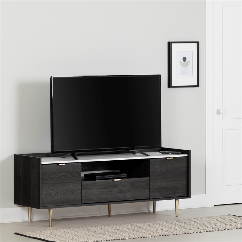 South Shore Hype TV Stand with Doors and Drawer Gray Oak and Faux Marble