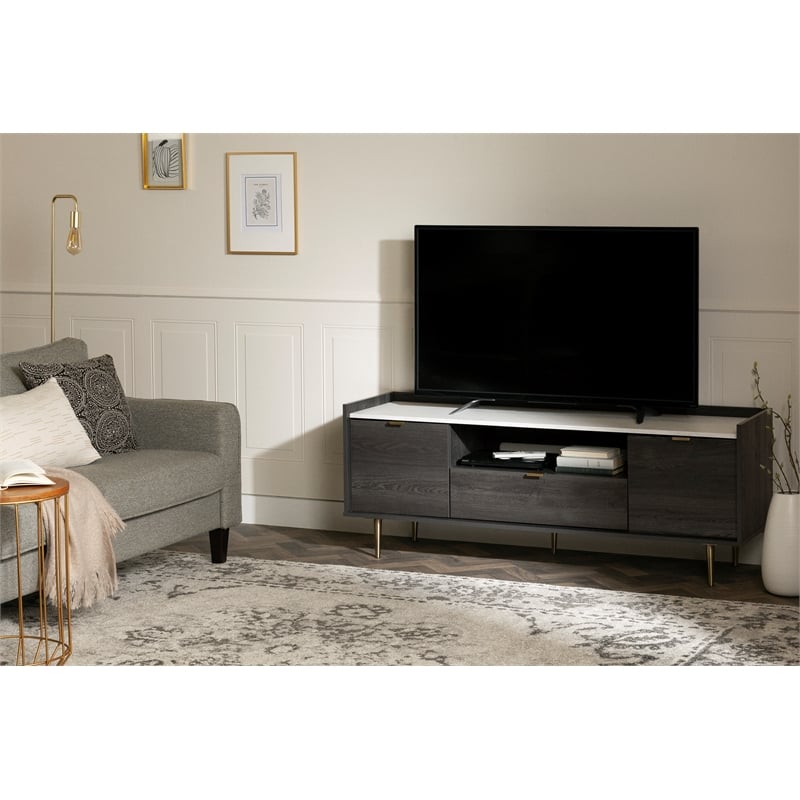 South Shore Hype TV Stand with Doors and Drawer Gray Oak and Faux Marble