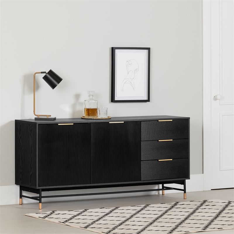 South Shore Arlo Sideboard with Ribbed Doors and Drawers  Ash Oak and Gold