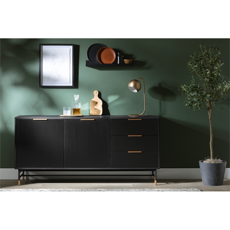 South Shore Arlo Sideboard with Ribbed Doors and Drawers  Ash Oak and Gold
