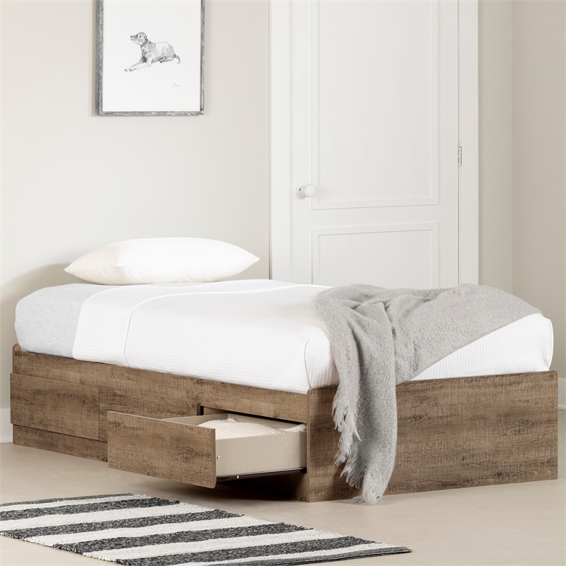 South Shore Munich Mates Bed with 3 Drawers Twin Weathered Oak