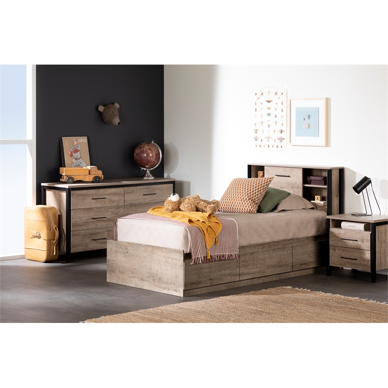 South Shore Munich Mates Bed with 3 Drawers Twin Weathered Oak