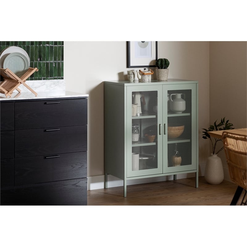 South Shore Eddison Metal Mesh 2-Door Storage Cabinet  Sage Green