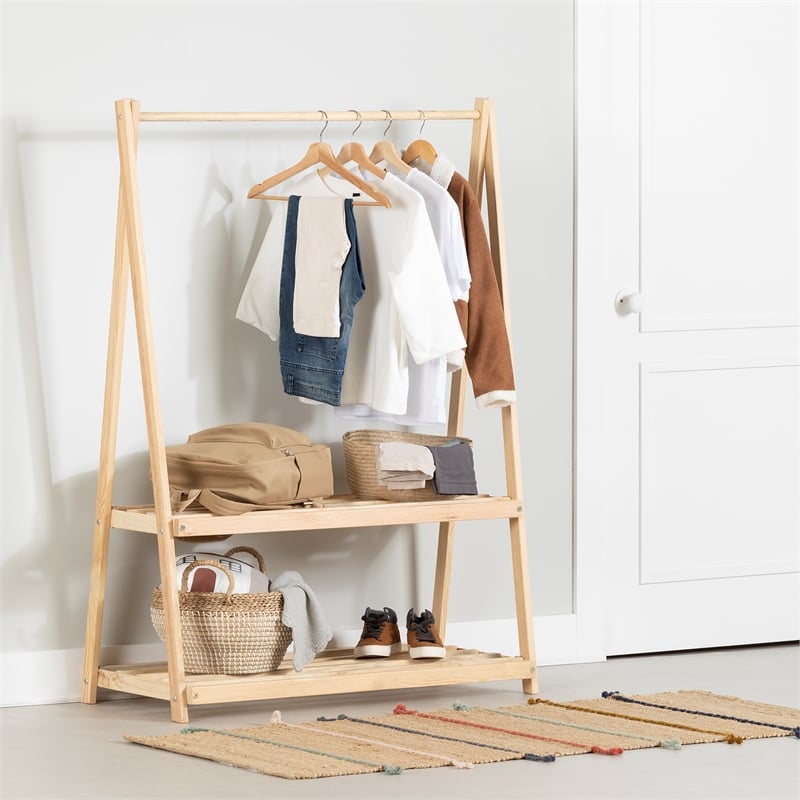 South Shore Sweedi Wooden Clothes Rack with Storage Shelves for Kids  Natural