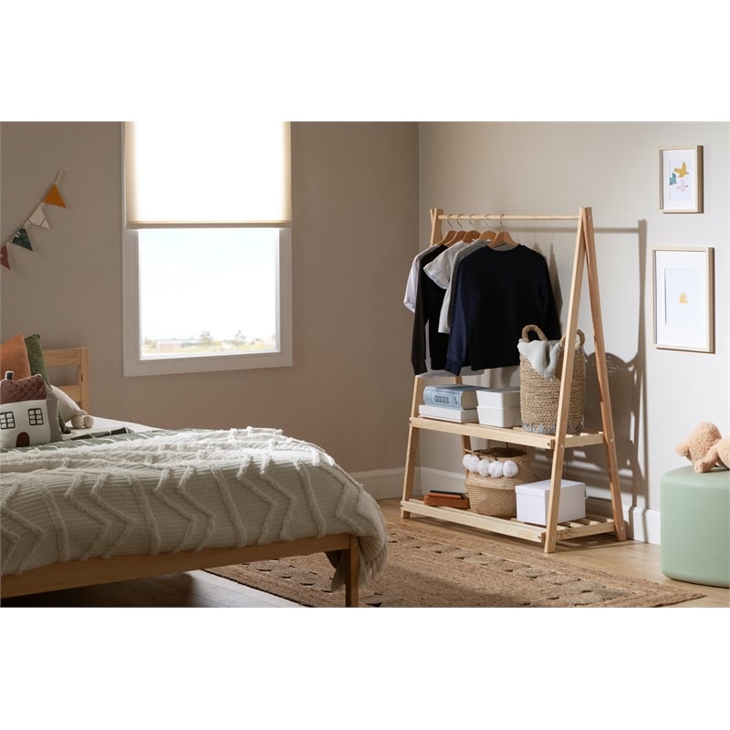 South Shore Sweedi Wooden Clothes Rack with Storage Shelves for Kids  Natural