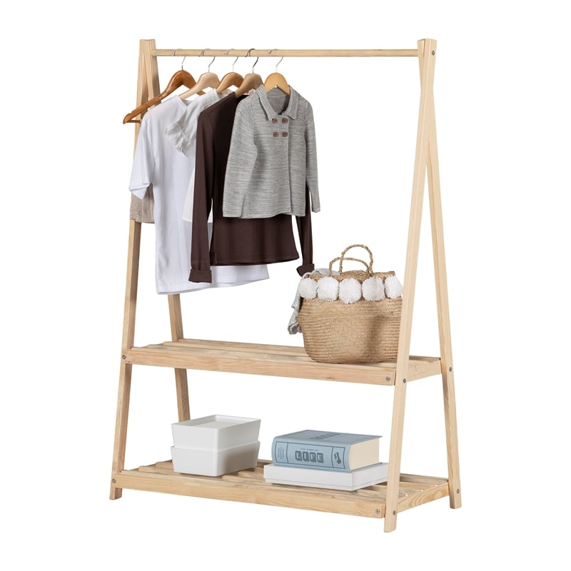 South Shore Sweedi Wooden Clothes Rack with Storage Shelves for Kids  Natural