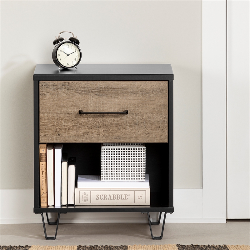 South Shore Arlen 1-Drawer Nightstand  Weathered Oak and Matte Black