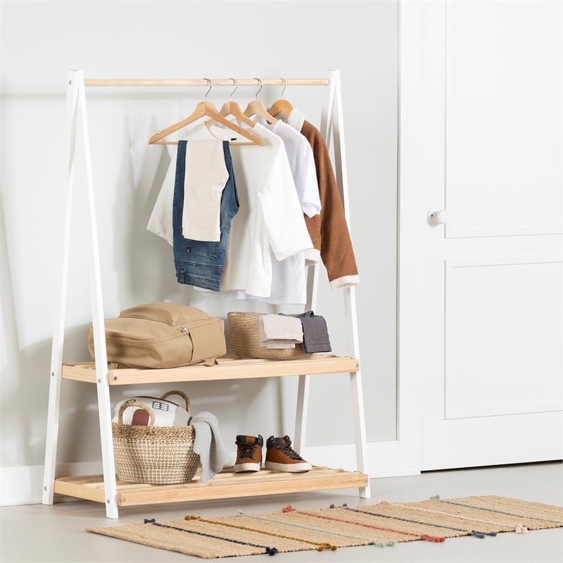 South Shore Sweedi Clothes Rack with Storage Shelves White and Natural