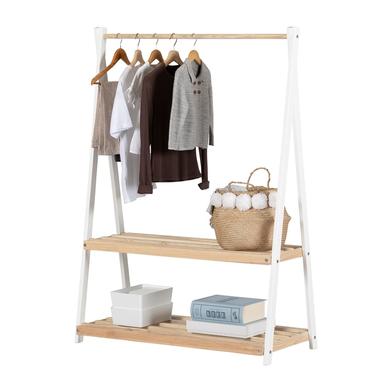 South Shore Sweedi Clothes Rack with Storage Shelves White and Natural