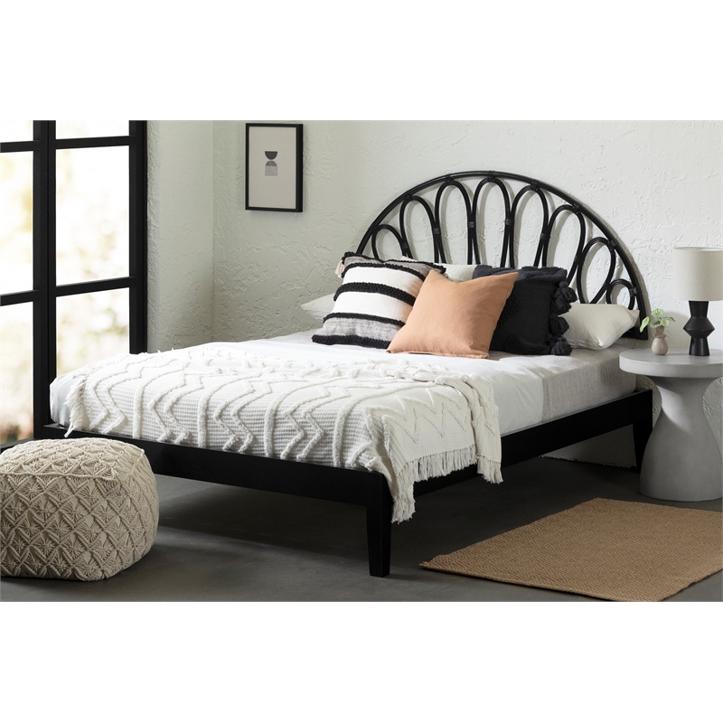 South Shore Hoya Rattan Wall-Mounted Headboard Flower Petals Full/Queen Black