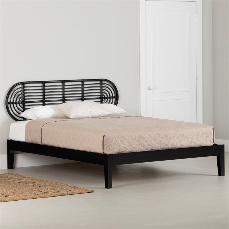 South Shore Hoya Wooden Bed and Rattan Wall-Mounted Headboard Set Queen Black