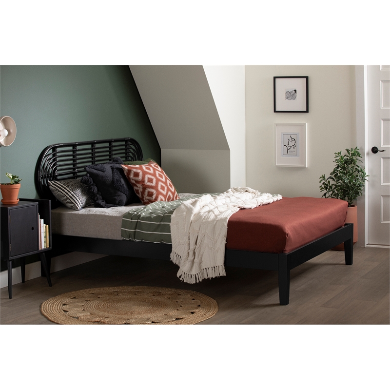 South Shore Hoya Wooden Bed and Rattan Wall-Mounted Headboard Set Queen Black