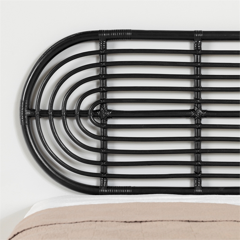 South Shore Hoya Wooden Bed and Rattan Wall-Mounted Headboard Set Queen Black