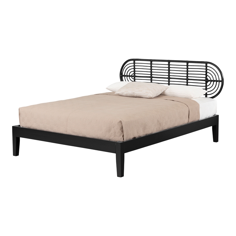 South Shore Hoya Wooden Bed and Rattan Wall-Mounted Headboard Set Queen Black