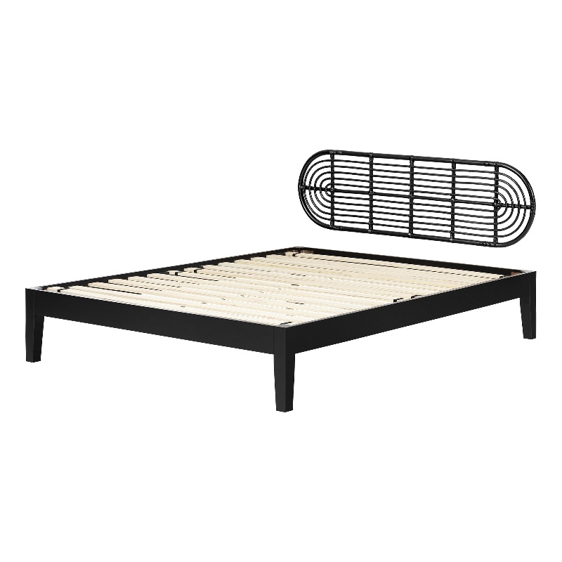 South Shore Hoya Wooden Bed and Rattan Wall-Mounted Headboard Set Queen Black
