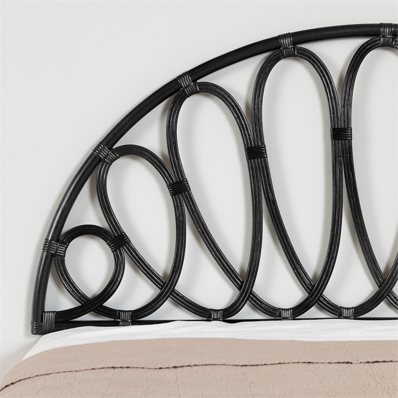 South Shore Hoya Wooden Bed and Rattan Wall-Mounted Headboard Set Queen Black