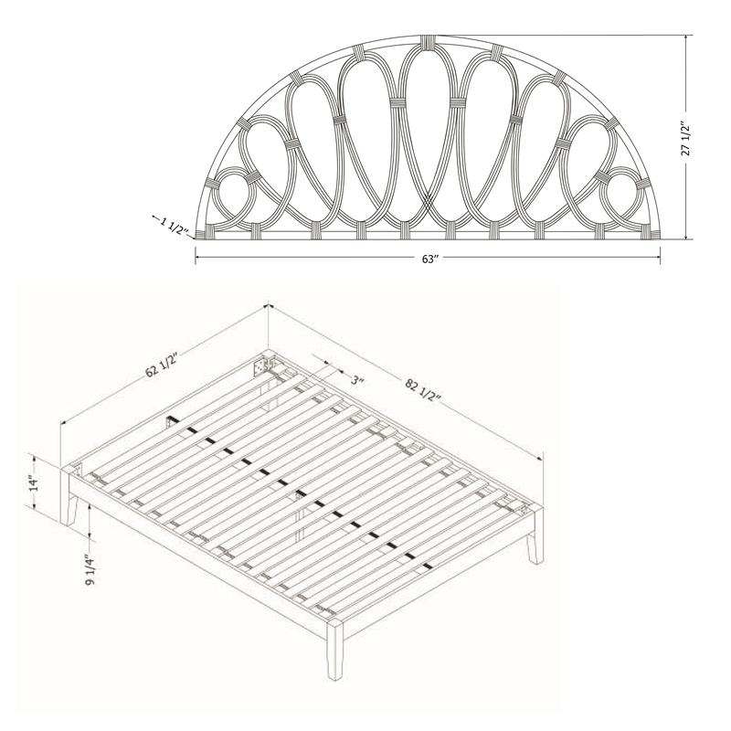 South Shore Hoya Wooden Bed and Rattan Wall-Mounted Headboard Set Queen Black