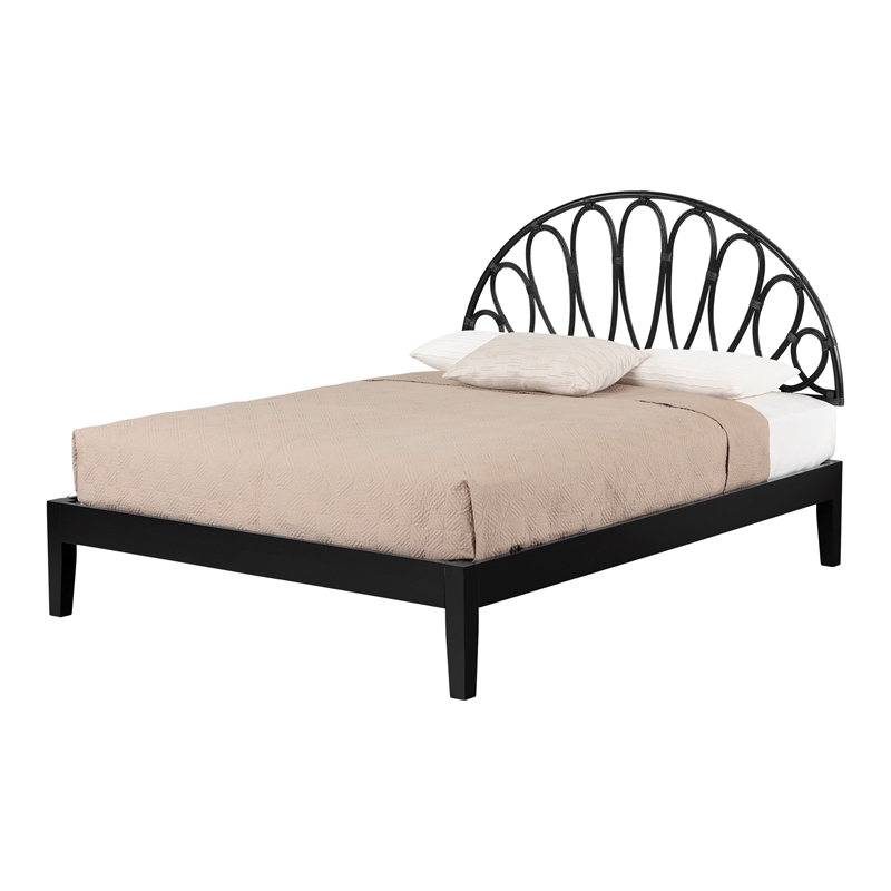 South Shore Hoya Wooden Bed and Rattan Wall-Mounted Headboard Set Queen Black
