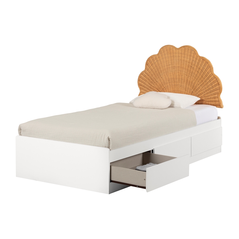 South Shore Bloom Mates Bed and Rattan Shell Headboard Twin White and Natural