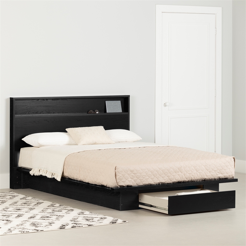 South Shore Primo Platform Bed and Headboard Set Full/Queen Black Oak