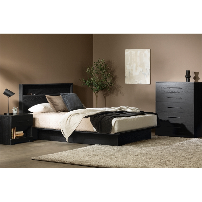 South Shore Primo Platform Bed and Headboard Set Full/Queen Black Oak