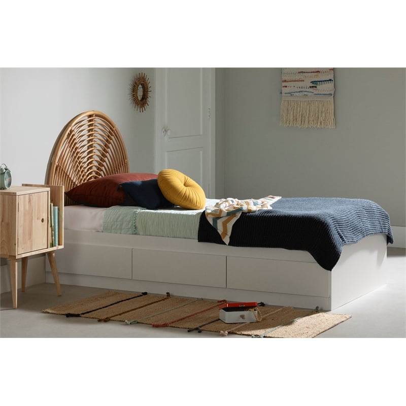 South Shore Bloom Mates Bed and Rattan Rainbow Headboard Twin White and Natural