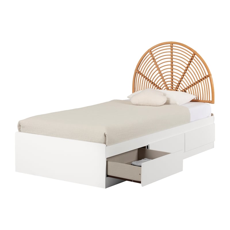 South Shore Bloom Mates Bed and Rattan Rainbow Headboard Twin White and Natural