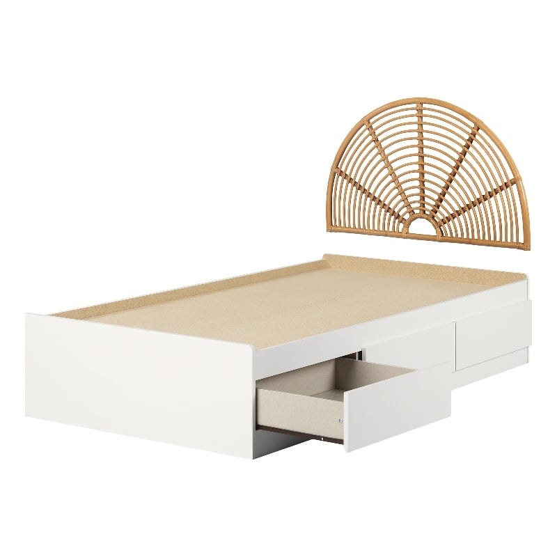 South Shore Bloom Mates Bed and Rattan Rainbow Headboard Twin White and Natural