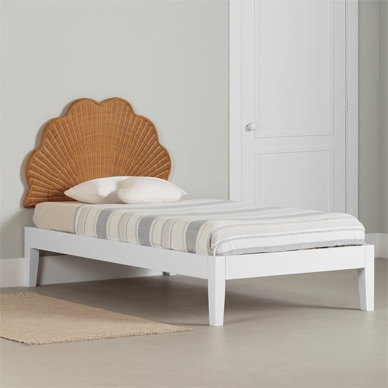 South Shore Bloom Wooden Bed and Rattan Shell Headboard Twin White and Natural